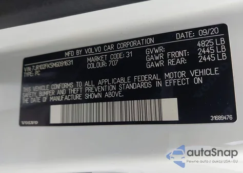 2021 Volvo S60 T5 Momentum z USA, uszkodzony, nr VIN 7JR102FK5MG091631